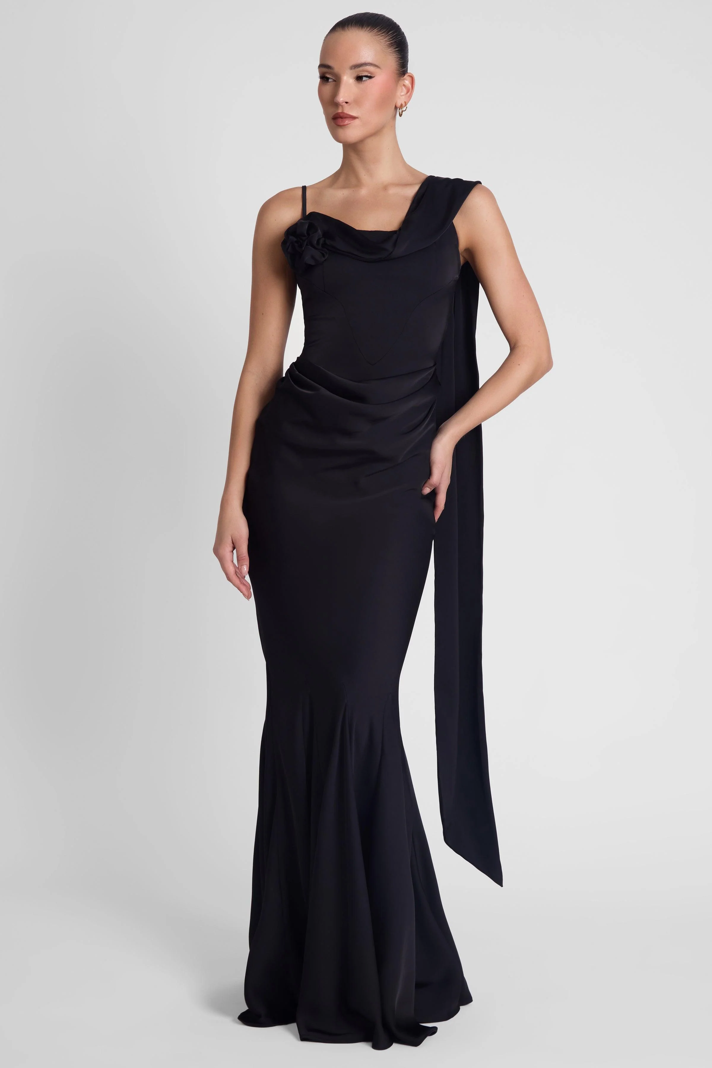 Celine Corset Drape Satin Gown - Black - Image 3