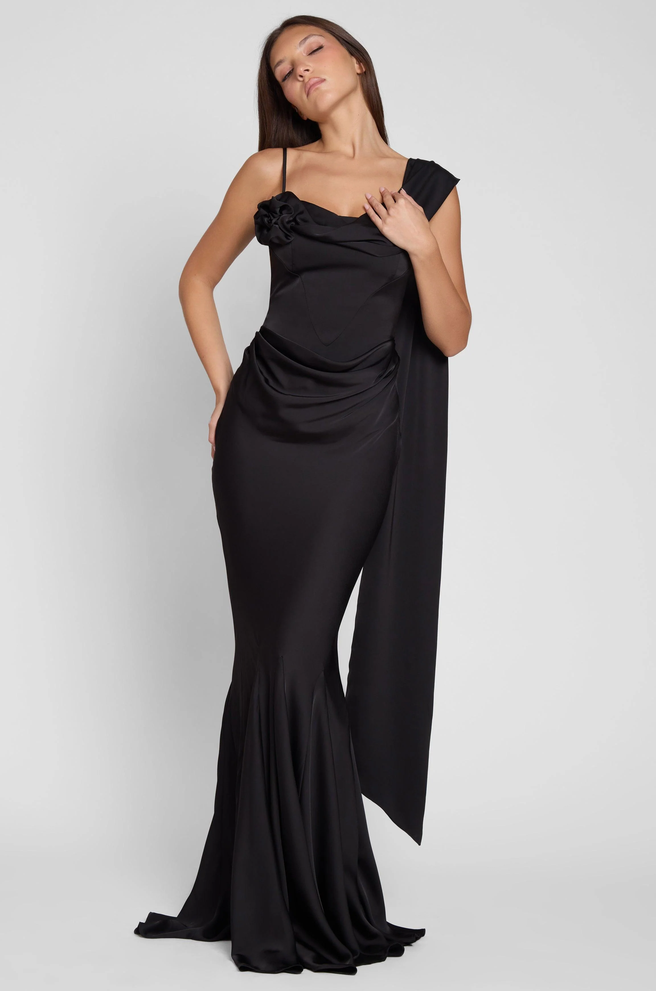 Celine Corset Drape Satin Gown - Black - Image 6