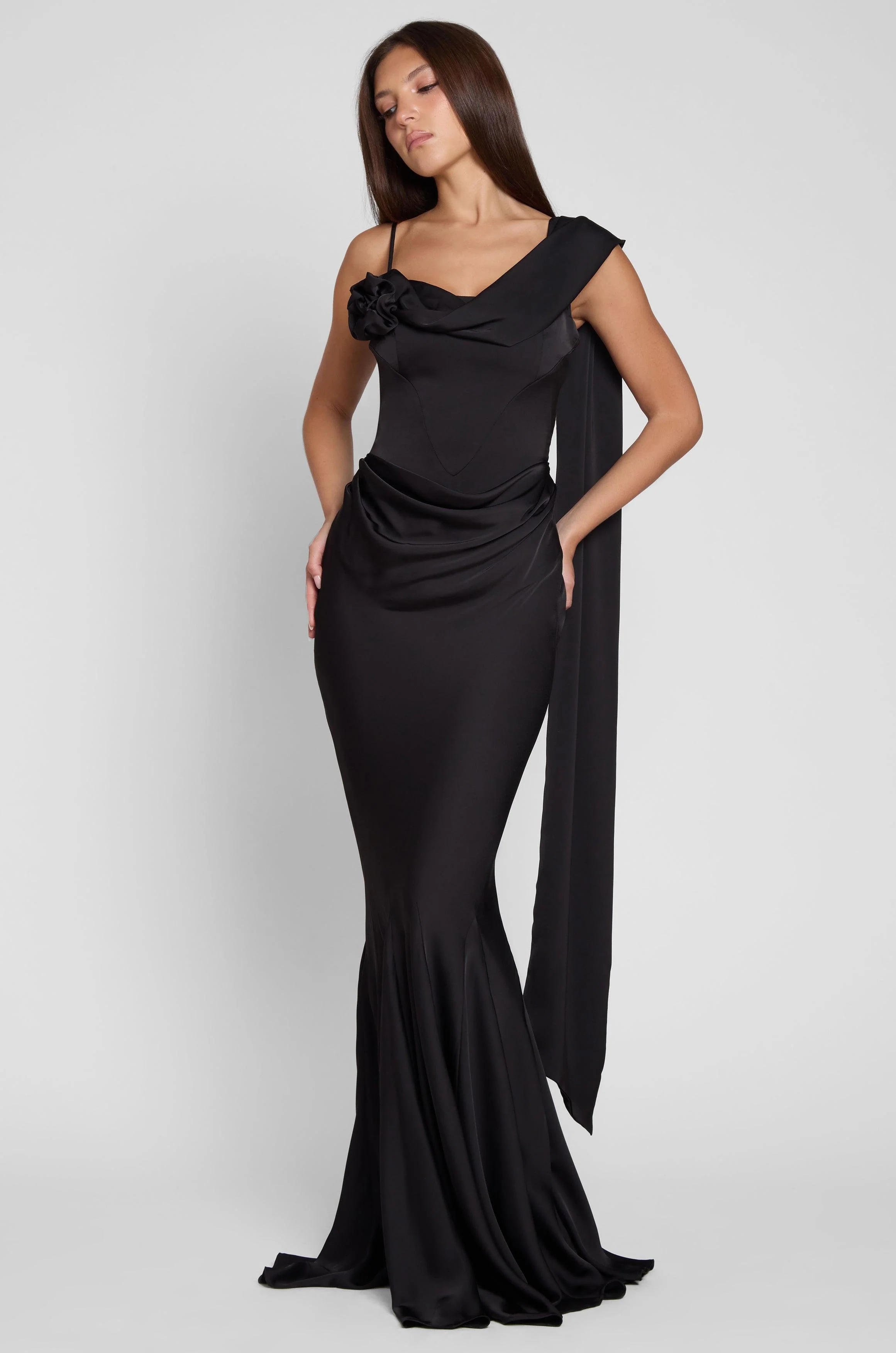 Celine Corset Drape Satin Gown - Black - Image 7