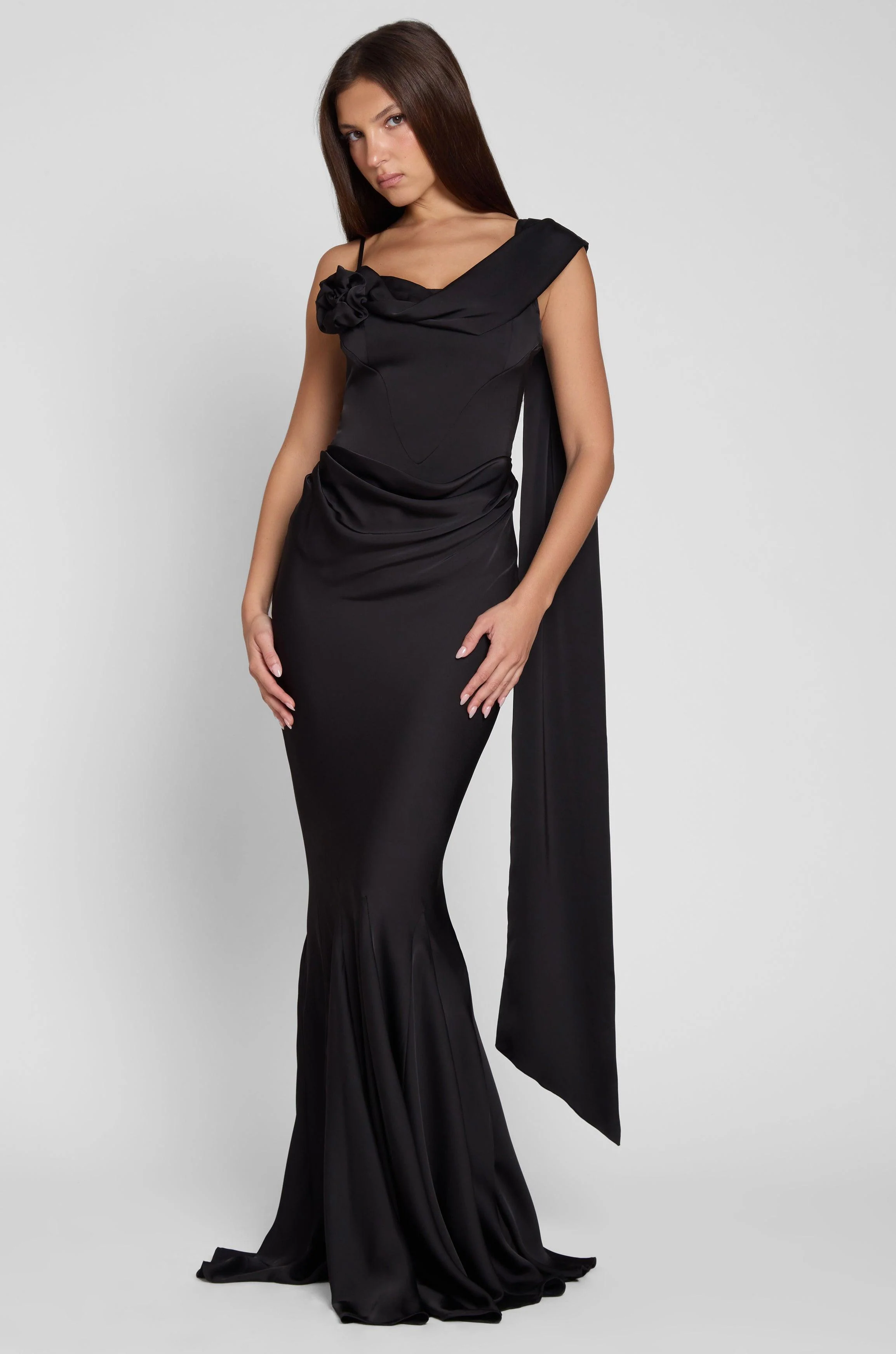 Celine Corset Drape Satin Gown - Black - Image 8