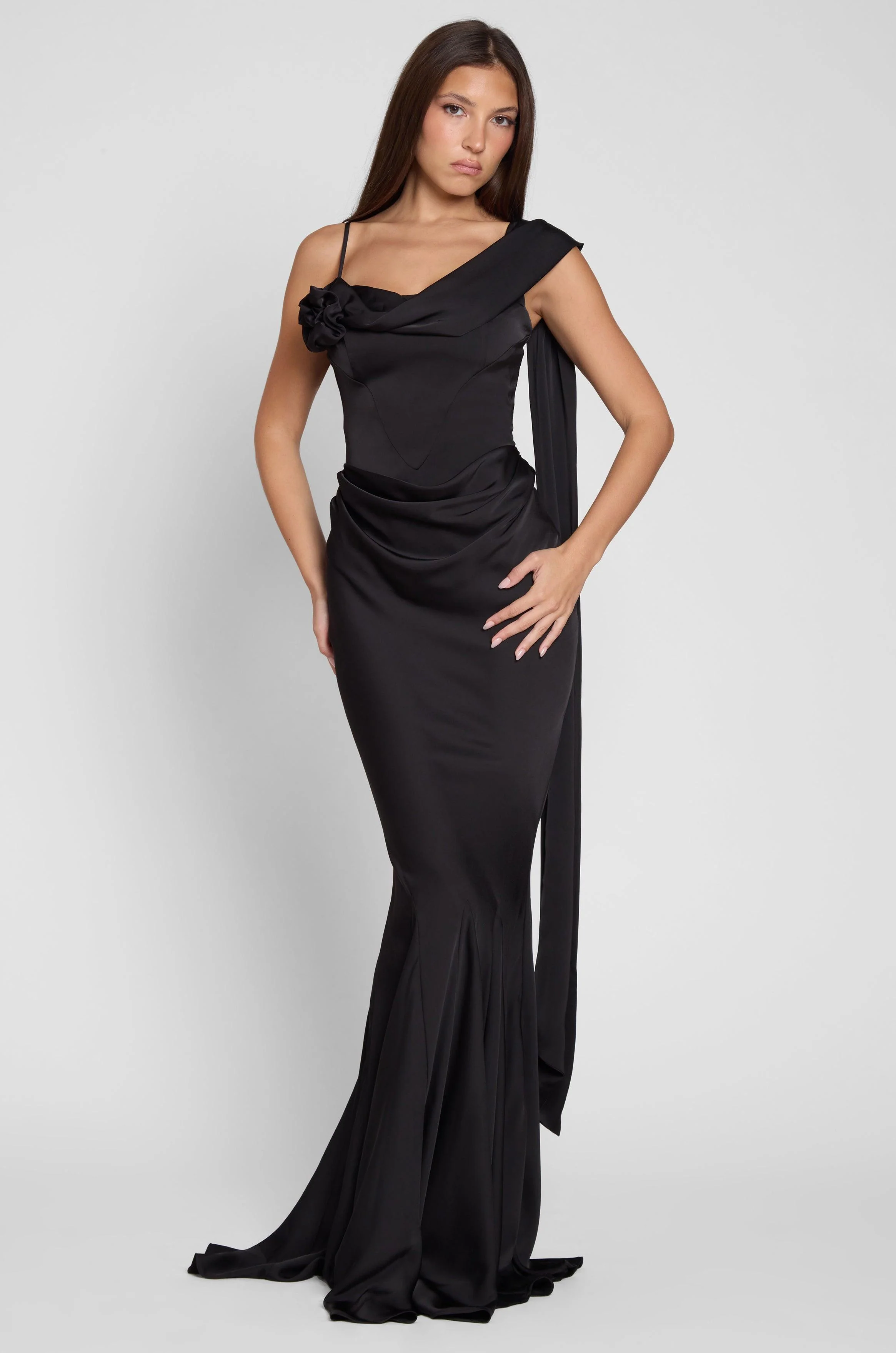 Celine Corset Drape Satin Gown - Black - Image 9